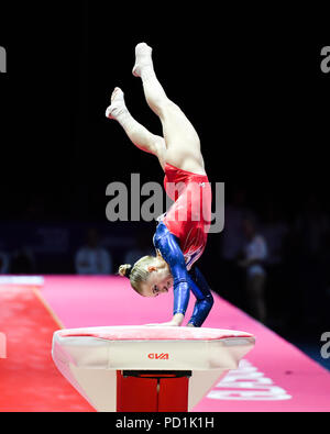 AKHAIMOVA Liliia (RUS) konkurriert auf dem Vault in Women's Gymnastics Gerätefinale bei den Europameisterschaften 2018 in Glasgow an der SSE Hydro am Sonntag, den 05. August 2018. GLASGOW SCHOTTLAND. Credit: Taka G Wu Stockfoto