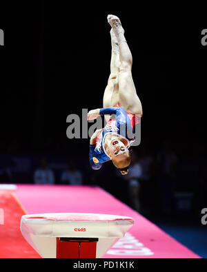 AKHAIMOVA Liliia (RUS) konkurriert auf dem Vault in Women's Gymnastics Gerätefinale bei den Europameisterschaften 2018 in Glasgow an der SSE Hydro am Sonntag, den 05. August 2018. GLASGOW SCHOTTLAND. Credit: Taka G Wu Stockfoto