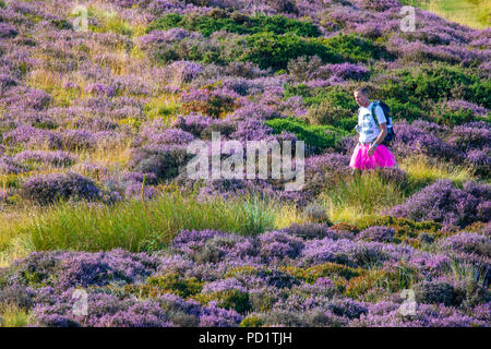 Mit einem heißen Tag vor, ein Walker in einem rosa Tu Tu Rock zugunsten der Krebsforschung Köpfe heraus früh die Mittagssonne entlang der Offa's Dyke Path zu schlagen Stockfoto