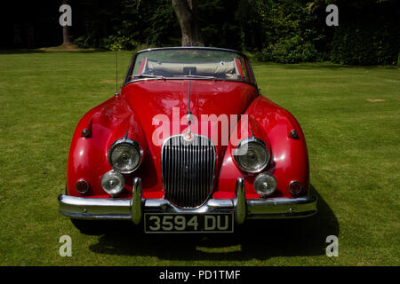 1959 red Jaguar XK 150 auf öffentliche Anzeige auf Rasen Stockfoto