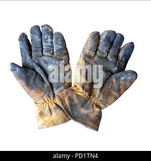 Paar alte schmutzige Arbeit mit Leder Handschuhe auf weißem Hintergrund Stockfoto