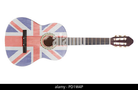 Akustik Gitarre mit Britische Flagge auf weißem Hintergrund Stockfoto