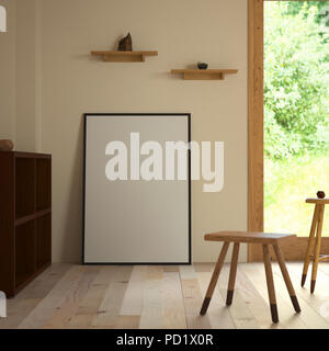 3D-Darstellung. Mockup ein Poster 70 x 100 cm in Gebäude. Zimmer mit Holzboden und Fenster mit Blick auf die Natur. Stockfoto