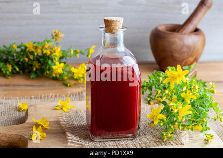 Eine Flasche roten Öl aus Johanniskraut Blumen frisch St. John's gemacht Stockfoto