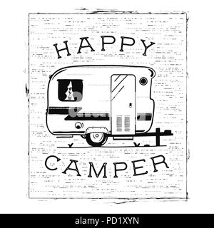 Mobile Freizeit. Happy Camper Trailer in Skizze silhouette Stil. Jahrgang Hand gezeichnet Camp rv. Haus auf Rädern. Reisen Transport Emblem. Vektor auf weißem Hintergrund Stock Vektor