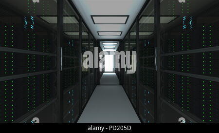 Moderne Server Inneneinrichtung im Rechenzentrum, Web Netzwerk und Internet Telekommunikation Technologie, Big Data Storage und Cloud Service Konzept, 3d-rende Stockfoto