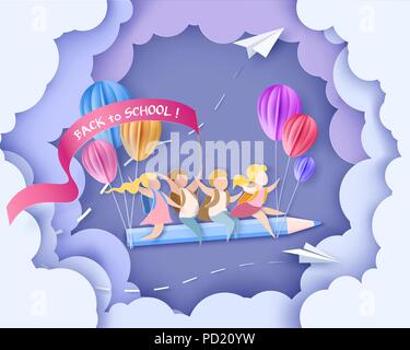 Zurück zu Schule 1. september Karte. Kinder fliegen auf Bleistift mit Luftballons. Papier schneiden Stil. Vector Illustration Stock Vektor