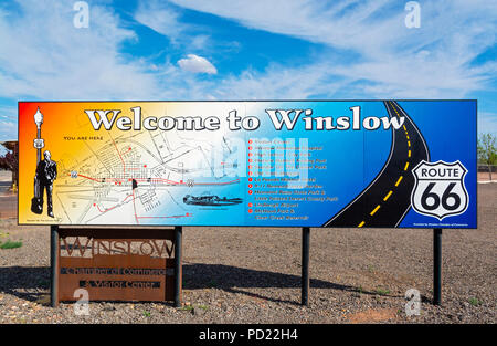 Arizona, Route 66, Willkommen bei Winslow Schild am Visitor Center Stockfoto
