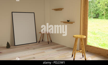 3D-Darstellung. Mockup ein Poster 70 x 100 cm in Gebäude. Zimmer mit Holzboden und Fenster mit Blick auf die Natur. Stockfoto