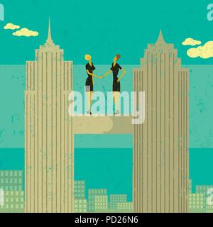 Business Fusion zwei geschäftsfrauen Händeschütteln nach Ihrem Unternehmen miteinander verschmelzen. Stock Vektor