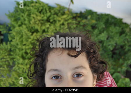 Die Hälfte Gesicht mit den braunen Augen von einem schönen Mädchen in der Natur Stockfoto