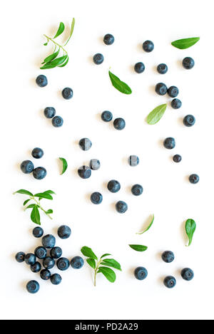 Frische Heidelbeeren mit grünen Blättern Blättern, organische blueberry Muster auf weißem Hintergrund, Ansicht von oben. Stockfoto