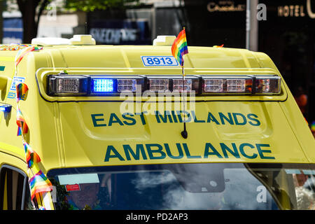 Nottingham, UK. 28. Juli 2018: Tausende die Straßen der Stadt von Nottingham für die jährliche LGBT-Parade von Schloss Tor gefüllt und dann in Hockl Stockfoto