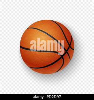 Vektor realistische 3D-orange braun Classic basketball Symbol closeup auf Transparenz grid Hintergrund isoliert. Design Template für Grafiken, mockup. Ansicht von oben Stock Vektor