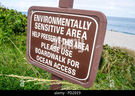 Boca Raton Florida, Palm Beach County, Atlantischer Ozean, Wasser, South Beach Park, öffentlicher Strand, Düne, Erosion, Zeichen, sehr empfindliches Gebiet, Ökosystem, Erhaltung, c Stockfoto