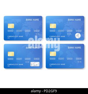Festlegen von realistischen Kreditkarte Vorlage. Kunststoff blau Kreditkarten mit Chip und Karte Bild. Vector Illustration auf weißem Hintergrund Stock Vektor
