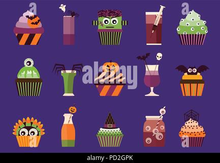 Halloween Cupcakes und Cocktails Symbole. Spooky Halloween Getränke und Lebensmittel mit Augäpfel, Fledermäuse, Schädel, Monster und andere gruselige Symbole. Stock Vektor