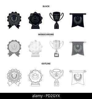 Eine olympische Medaille für den ersten Platz, eine Kristallkugel, eine goldene Schale auf einem Ständer, einem roten Anhänger. Auszeichnungen und Trophäen set Sammlung Icons in Schwarz, monochrom Stock Vektor
