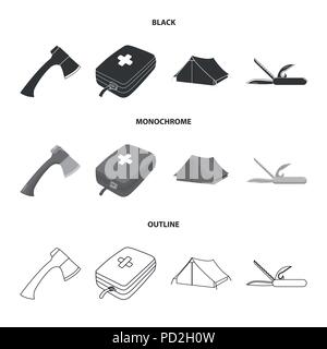 Ax, Erste Hilfe Kit, touristische Hütte, Taschenmesser. Camping set Sammlung Icons in Schwarz, monochrom, Outline style Vektor Symbol lieferbar Abbildung. Stock Vektor