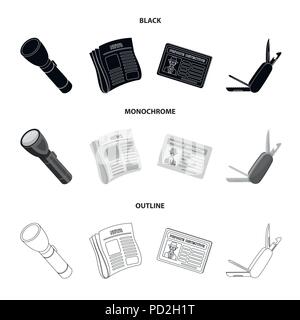 Taschenlampe, Zeitung mit Nachrichten, Zertifikat, Taschenmesser. Detektiv set Sammlung Icons in Schwarz, monochrom, Outline style Vektor Symbol lieferbar Illus Stock Vektor
