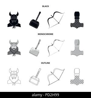 Viking in Helm mit Hörnern, Muskatblüte, Bogen und Pfeil, Schatz. Vikings set Sammlung Icons in Schwarz, monochrom, Outline style Vektor Symbol lieferbar illust Stock Vektor