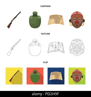 Jagdwaffe, Flasche im Fall, Karte, Afrikanische Maske. African Safari Set Sammlung Icons im Cartoon, Outline, flacher Stil vektor Symbol lieferbar illustratio Stock Vektor