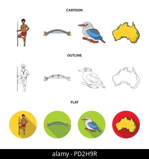 Aborigine mit einem Speer, Sydney Harbour Bridge, kookabarra auf einem Zweig, das Territorium des Landes. Australien Sammlung Icons im Cartoon, Grenzen gesetzt, f Stock Vektor