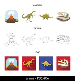 Vulkanausbruch, gallimimus, Stegosaurus, Dinosaurier Schädel. Dinosaurier und prähistorischen Periode set Sammlung Icons im Cartoon, Outline, flacher Stil Vektor s Stock Vektor