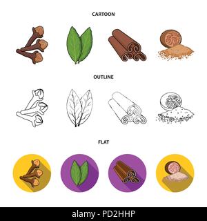 Nelken, Lorbeer, Muskatnuss, Zimt. Kräuter und Gewürze set Sammlung Icons im Cartoon, Outline, flacher Stil vektor Symbol lieferbar Abbildung: Flach. Stock Vektor