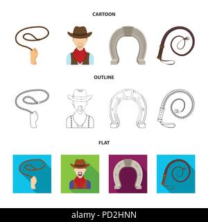 Hand Lasso, Cowboy, Hufeisen, Peitsche. Rodeo set Sammlung Icons im Cartoon, Outline, flacher Stil vektor Symbol lieferbar Abbildung. Stock Vektor