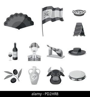 Spanien Land monochrome Icons im Set Sammlung für Design. Reisen und Sehenswürdigkeiten vektor Symbol lieferbar Abbildung. Stock Vektor
