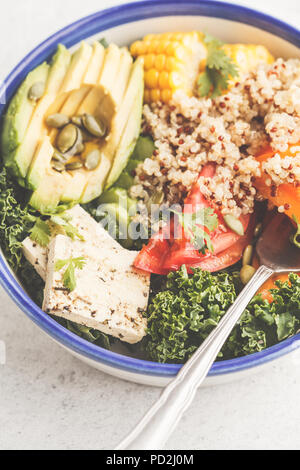 Vegan gesunde rainbow Salat, Buddha Schüssel mit Quinoa, Tofu, Avocado und Grünkohl, weißen Hintergrund. Gesunde, saubere Essen Konzept. Stockfoto