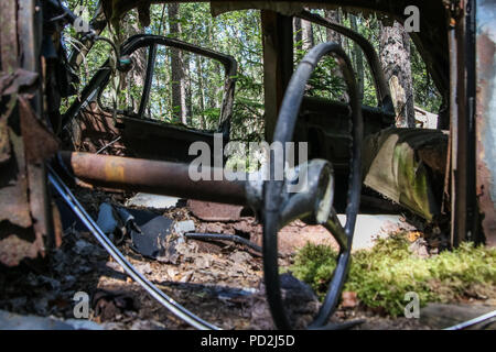 Ryd, Smaland, Schweden 30. Juli 2018. Die sumpfigen Wald Kyrko mosse ist ein altes Auto Friedhof, gefüllt mit den Wracks von historischen Fahrzeugen, Stockfoto