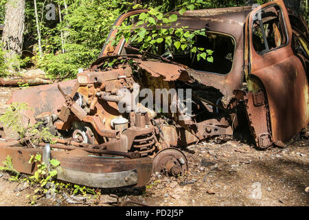 Ryd, Smaland, Schweden 30. Juli 2018. Die sumpfigen Wald Kyrko mosse ist ein altes Auto Friedhof, gefüllt mit den Wracks von historischen Fahrzeugen, Stockfoto