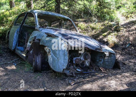 Ryd, Smaland, Schweden 30. Juli 2018. Die sumpfigen Wald Kyrko mosse ist ein altes Auto Friedhof, gefüllt mit den Wracks von historischen Fahrzeugen, Stockfoto