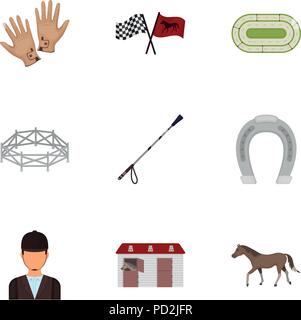 Rennen auf dem Pferd, das Hippodrom. Pferderennen und Ausrüstung Reiter. Hippodrom und Pferd Symbol im Set Sammlung auf Cartoon Stil vektor Symbol lieferbar Web Stock Vektor