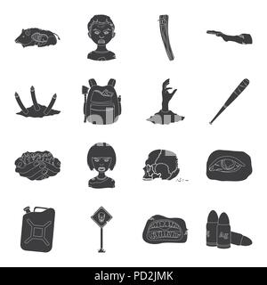 Attribut, ax, Rucksack, bat, Baton, schwarz, Blut, Wildschwein, Board, Kanister, Patrone, Sammlung, Graf Gehirn, Kreatur, Gefahr, tot, Verteidigung, Erde, Fantasie, Angst, Feld, Lebensmittel, Girl, Hand, Bohrung, Horror, Icon, Illustration, infiziert, flüssig, Menschen, Monster, Mund, Nägel, stachelige Draht, Straße, rot, Zeichen, Silber, Skelett, Haut, Schädel, Geist, Überleben, Symbol, Werkzeug, Vector, Wunde, zone Vektor Vektoren, Stock Vektor