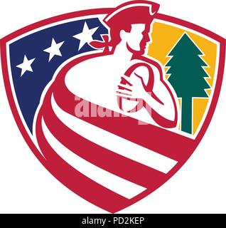 Maskottchen Symbol Abbildung: ein amerikanischer Patriot wie Rugby Spieler mit Ball und Kiefer drapiert in den USA Sternenbanner Star Spangled Banner Flag gesetzt Stock Vektor