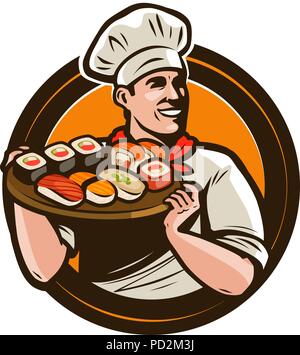 Sushi essen Logo oder Label. Meeresfrüchte, restaurant Emblem. Vector Illustration Stock Vektor