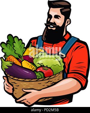 Bauer Holding einen Korb voller Gemüse. Landwirtschaft, Landwirtschaftliche Konzept. Cartoon Vector Illustration Stock Vektor