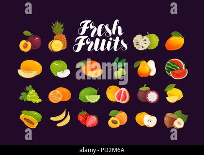 Fruits and berries, set of icons. Food, greengrocery, farm concept. Vector illustration Stock Vektor