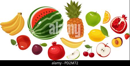 Frisches Obst, Banner. Essen, Icon Set. Cartoon Vector Illustration Stock Vektor