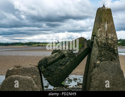 Überreste des Zweiten Weltkriegs konkrete anti Versand Barriere Säulen in der Erhabene bei Ebbe, Cramond, Edinburgh, Schottland, Großbritannien Stockfoto