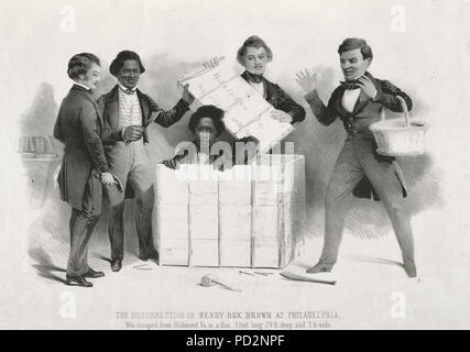Die Auferstehung von Henry, Braun in Philadelphia, die von Richmond Virginia in einem bx 3 Fuß langen 2 1/2 ft entgangen. tief und 2 m breit. Eine etwas komische, aber sympathische Darstellung der Höhepunkt Episode in den Flug der Slave Henry Brown', die von Richmond, Virginia. in einer Box 3 Fuß lang, 2-1/2 Meter tief und 2 m breit ausgetreten." Im Büro des Pennsylvania Anti-Slavery Society, der junge Braune entsteht aus einer Kiste wie mehrere Figuren, einschließlich Frederick Douglass (mit einem klauenhammer Links) Blick auf. Details von Flucht von Brown, wobei er selbst mit Versand über Adams Express von Richmond zu Stockfoto