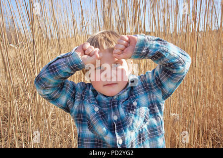 Junge mit Händen in Schilf angehoben, Porträt Stockfoto