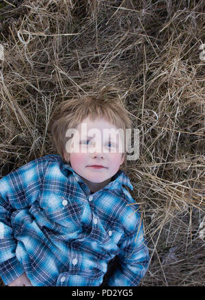 Junge liegen in trockenem Gras, Porträt Stockfoto