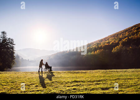 Senior Paar mit Rollstuhl im Herbst Natur. Stockfoto