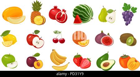 Früchte und Beeren, von farbigen Icons einstellen. Essen Konzept. Vector Illustration auf weißem Hintergrund Stock Vektor