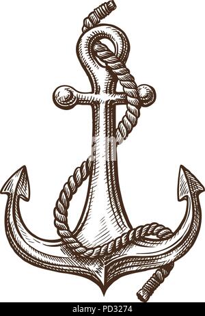 Anker mit Seil, Skizze. Segeln, Kreuzfahrt Konzept. Vintage Vector Illustration Stock Vektor