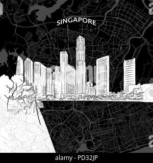 Vektor Zeichnung von Singapur Skyline mit Karte. Reisen Sehenswürdigkeit. Schwarze und weiße Abdeckung und Hintergrund Konzept. Stock Vektor